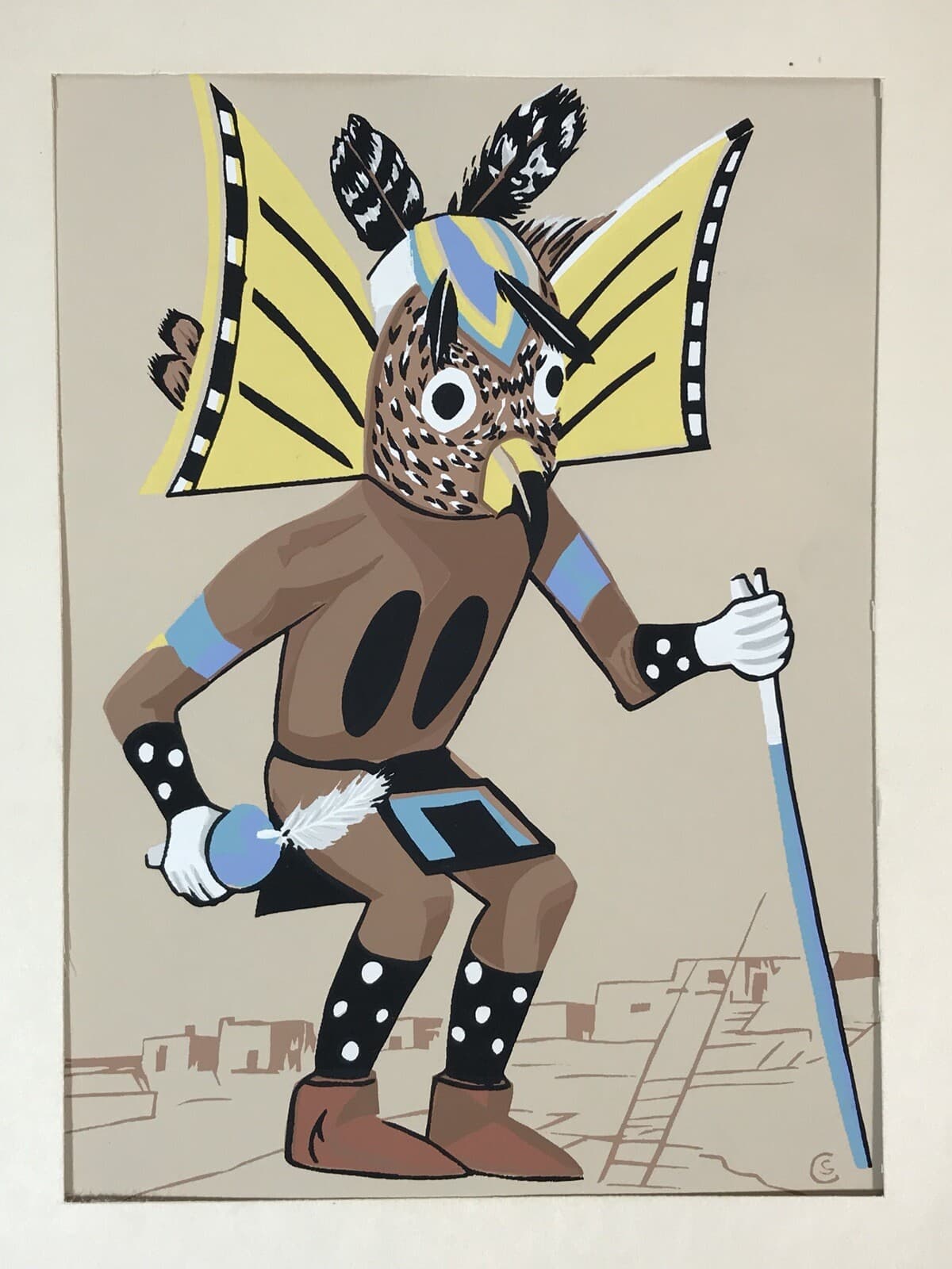 Vintage SILKSCREEN American Indian Hopi Kachina Mongwa Great Horned Owl by CS 4