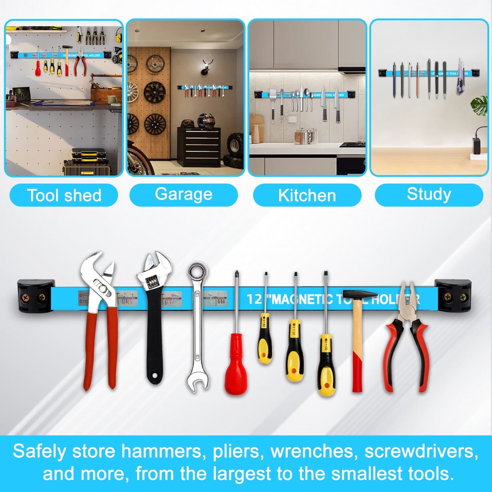 8Packs 12" Magnetic Tool Holder Strip Metal Magnet Tool Organizer Bar for Garage 3