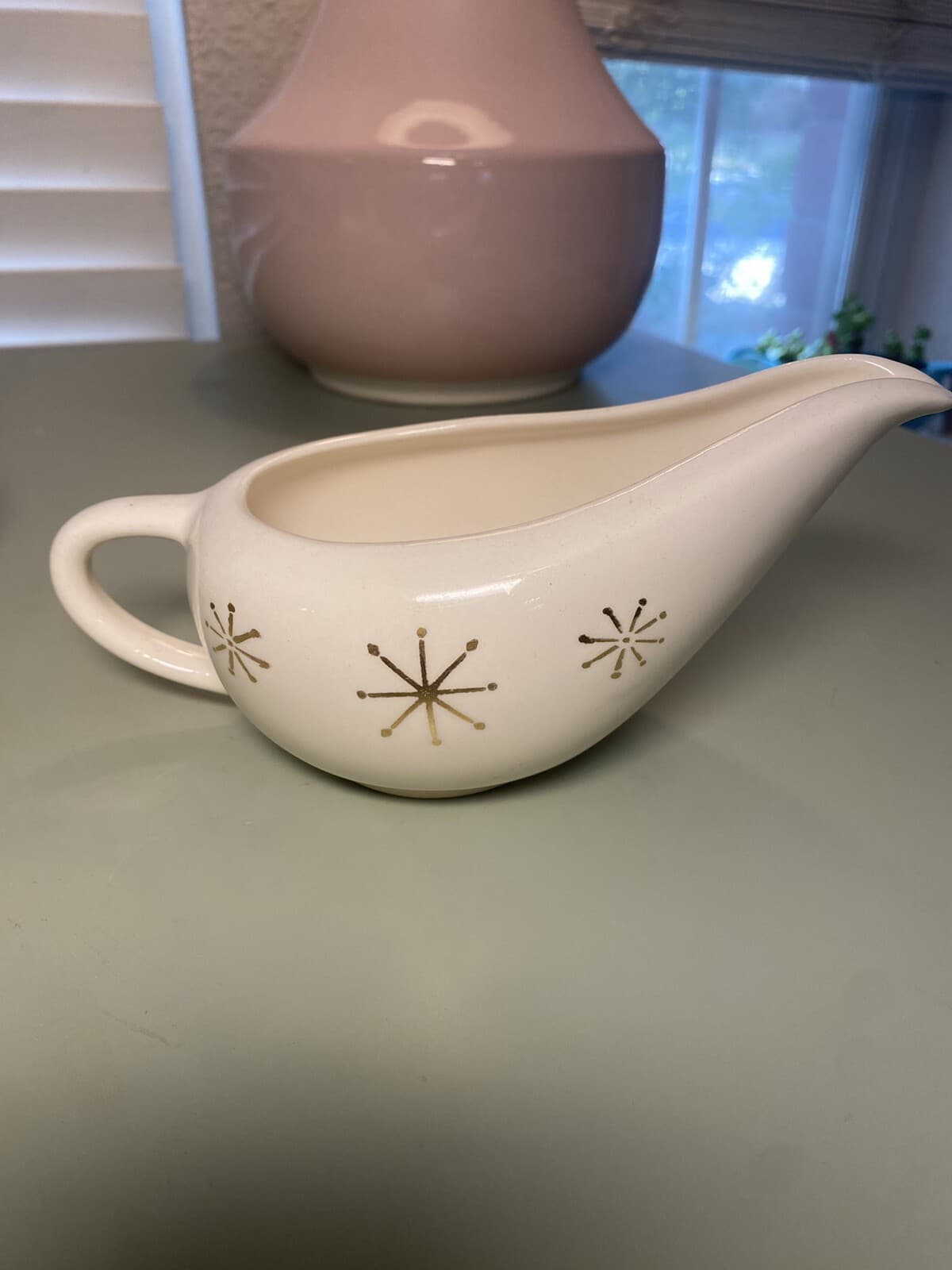 Vtg Scio Pottery Starlite Creamer And 6 Desert Bowls Gold Atomic Stars Snowflake 4