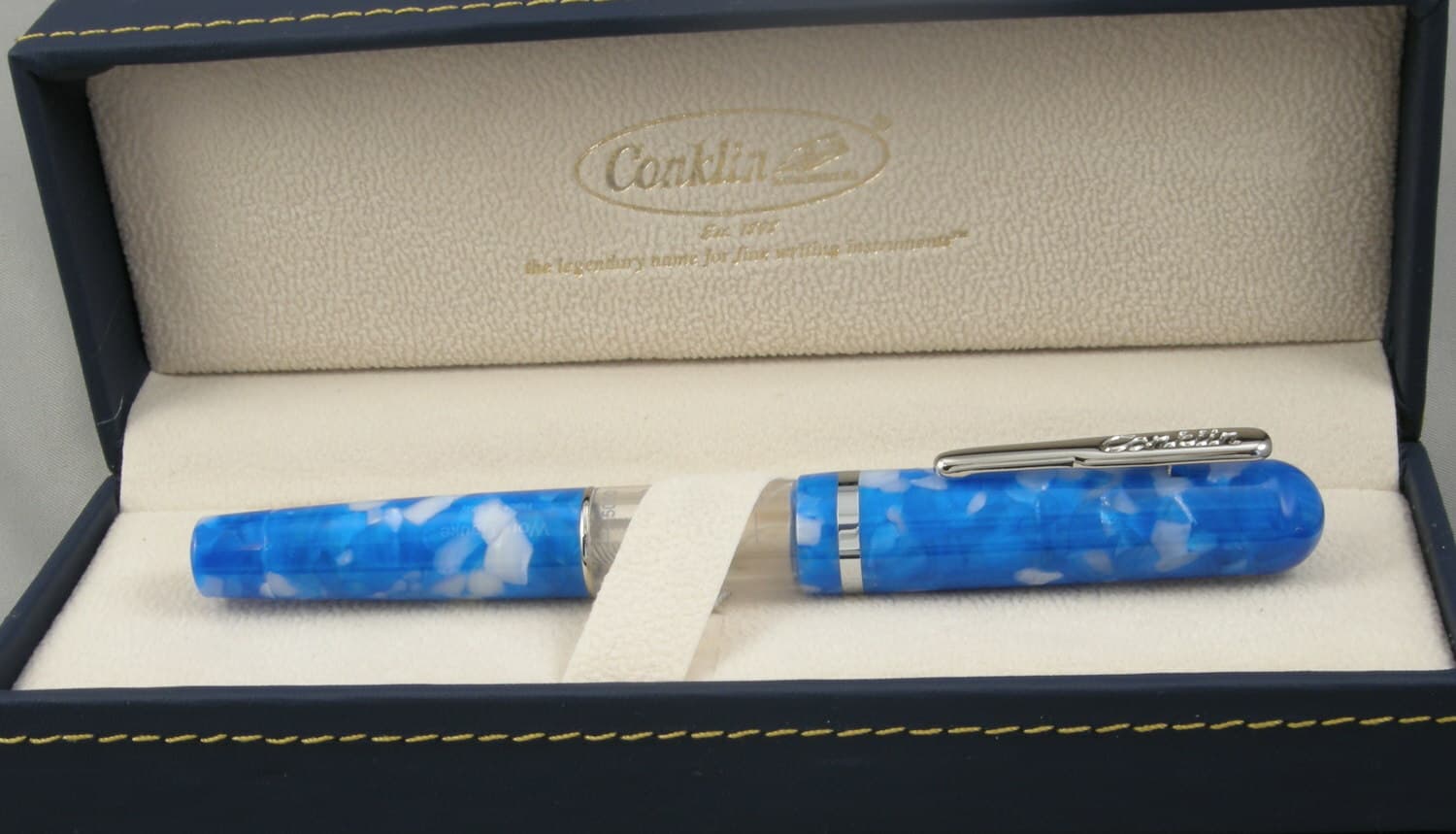 Conklin Heritage Word Gauge Blue & Chrome Fountain Pen - New - Fine Nib