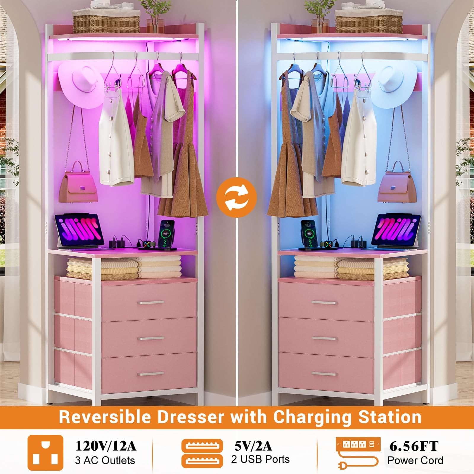 Corner Clothes Rack, 70'' Tall Corner Closet with Power Outlets & LED Lights,... 6
