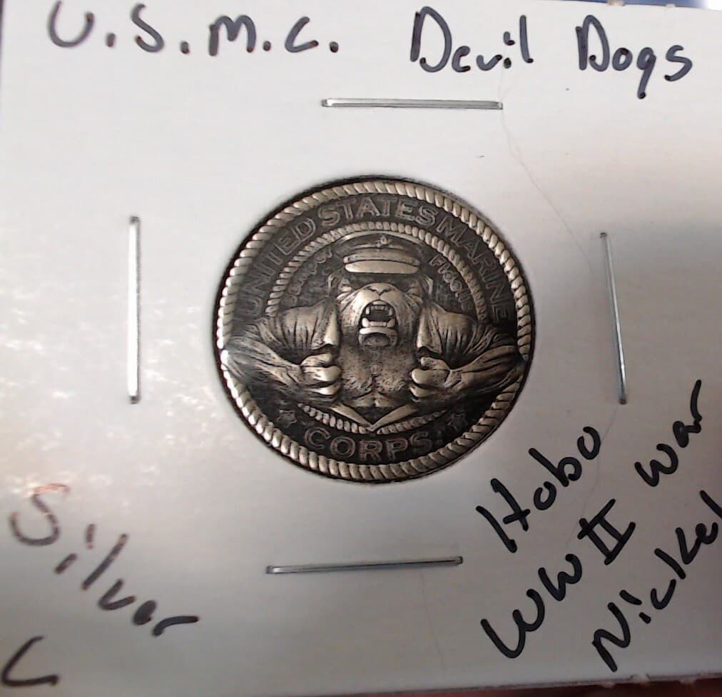 HOBO USMC Devil Dogs Marines Made From A REAL WWII Silver War Nickel SIGNED