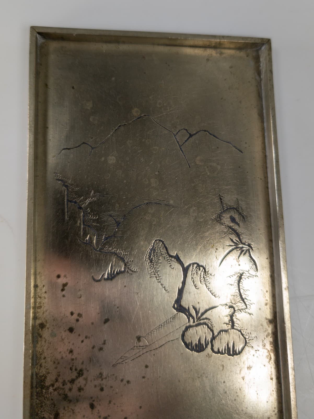 Antique Chinese Engraved Paktong Card Tray with Landscape with Trees 3
