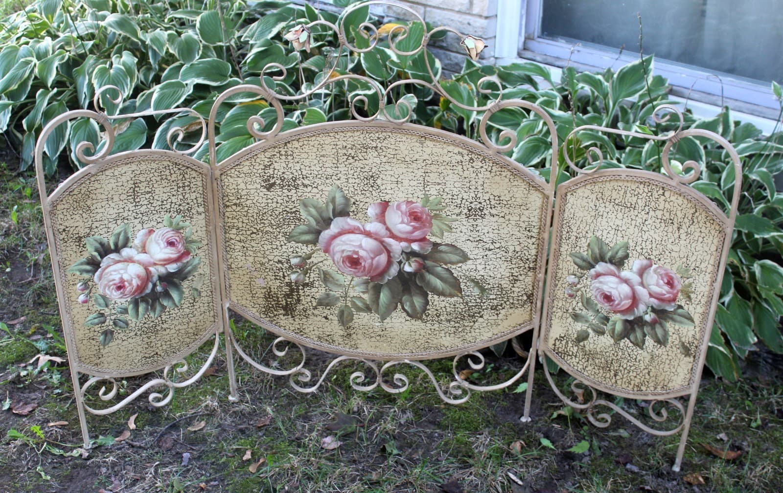 Fireplace Screen Vintage GUC 3-Panel Floral Hand-Painted Metal 48" W x 33 1/2" T