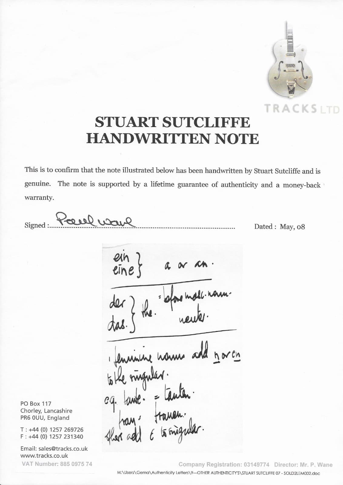 Original Stuart Sutcliffe handwritten note, Tracks LOA, Beatles signed Autograph 3