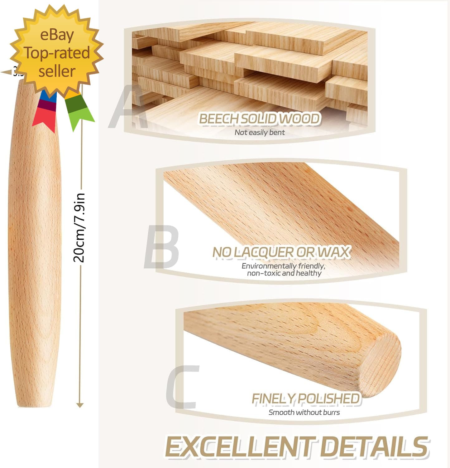 French Rolling Pin for Baking - Tuyotue 7.9 Inches Beech Wood Tapered Rolling Pi 2