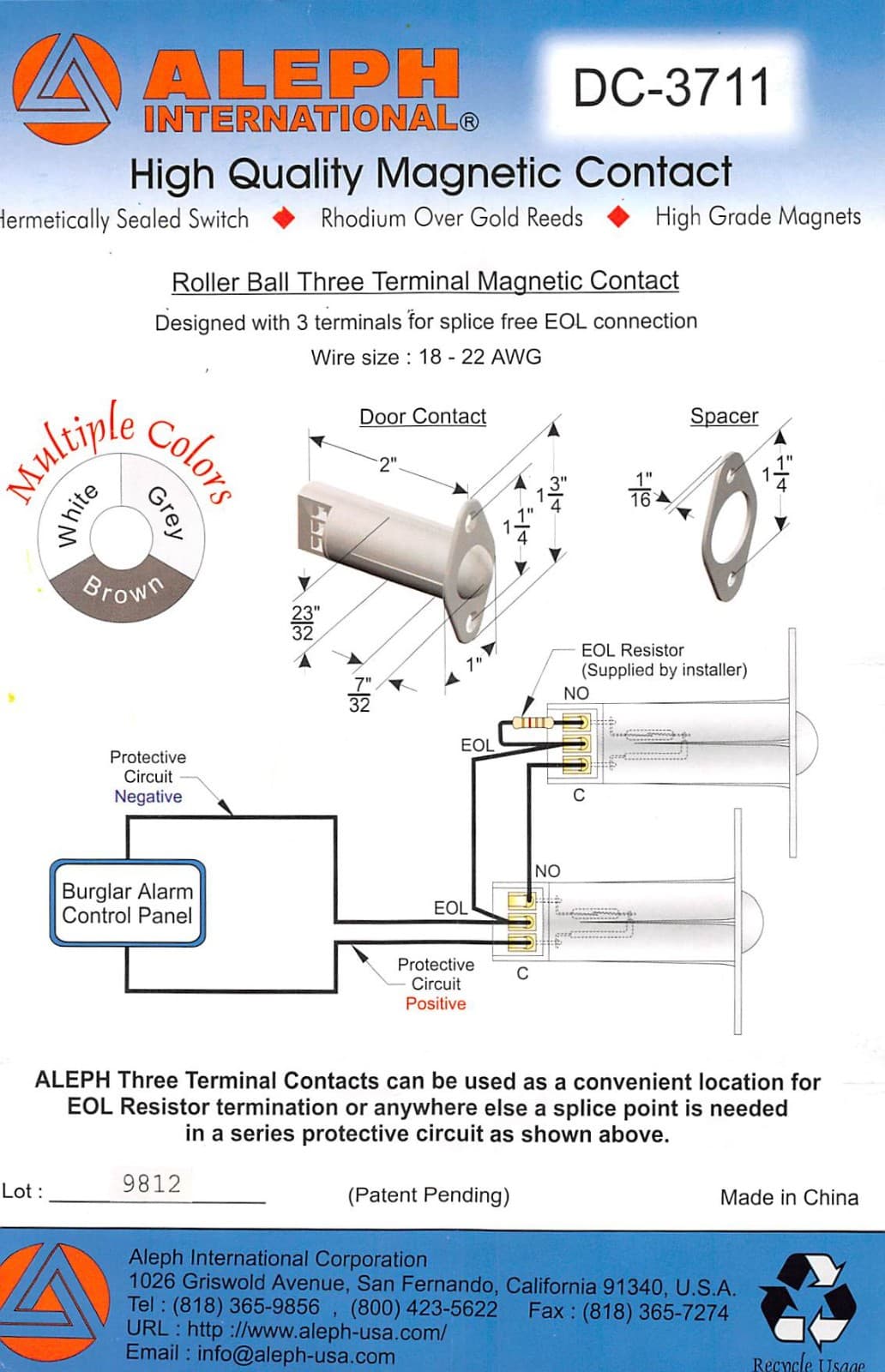 5pcs (1pkg) ALEPH Roller Ball 3 Terminal Magnetic Contact Switch Alarm DC-3711 2