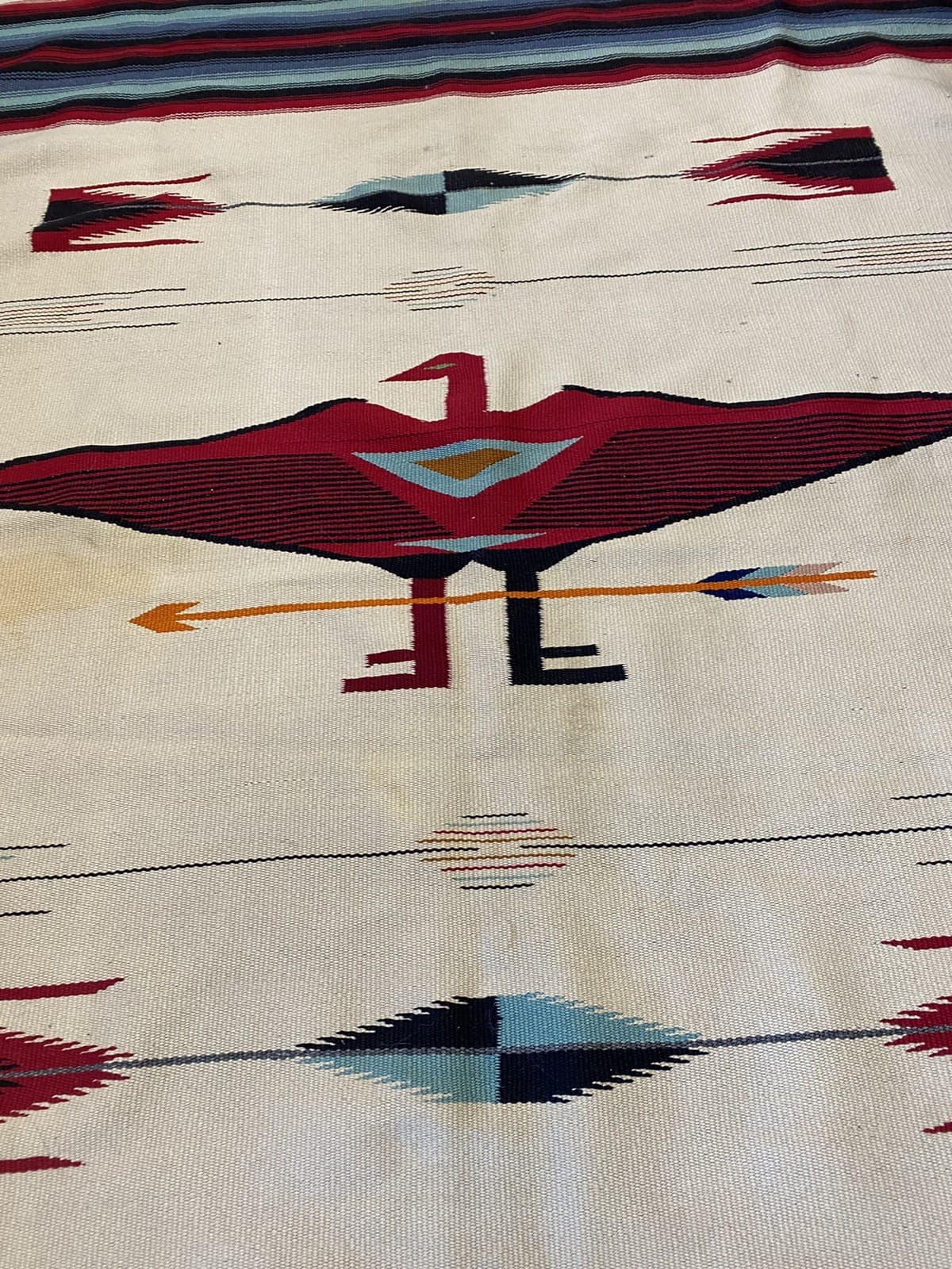 Vintage Woven Thunderbird Rug Red White Native Pattern 80”x46” 6