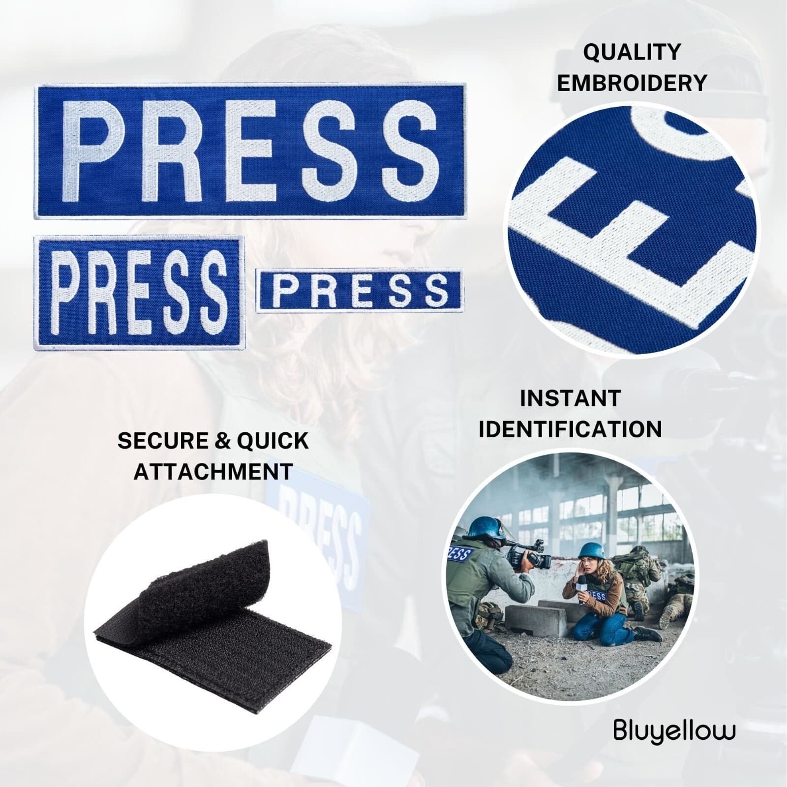 3-Piece Embroidered PRESS Patch for Vests, Jackets, Large & Small, Blue & White 4