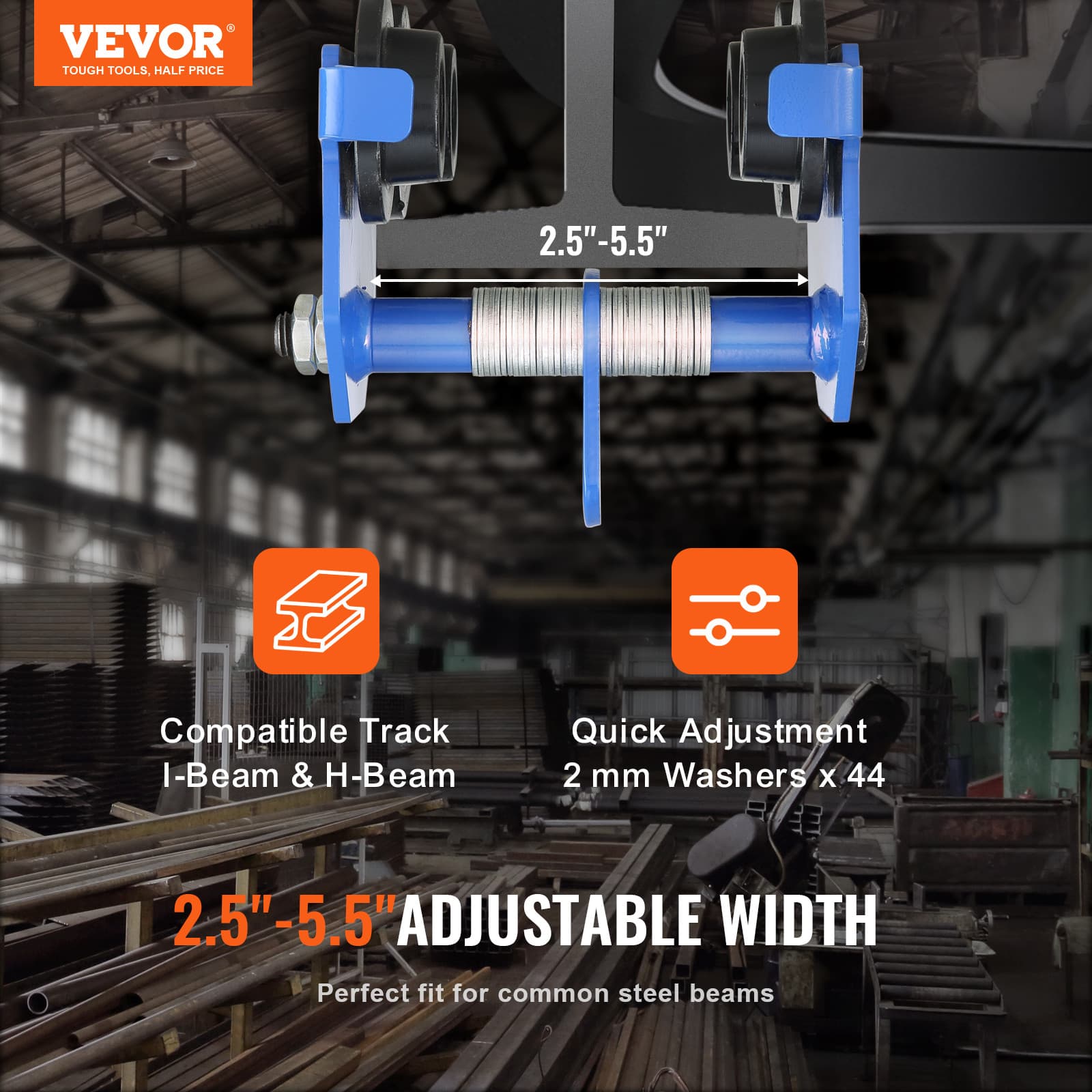 VEVOR Push Beam Trolley Manual Trolley 1100 lbs/0.5Ton Load 2.5"-5.5" Adjustable 2