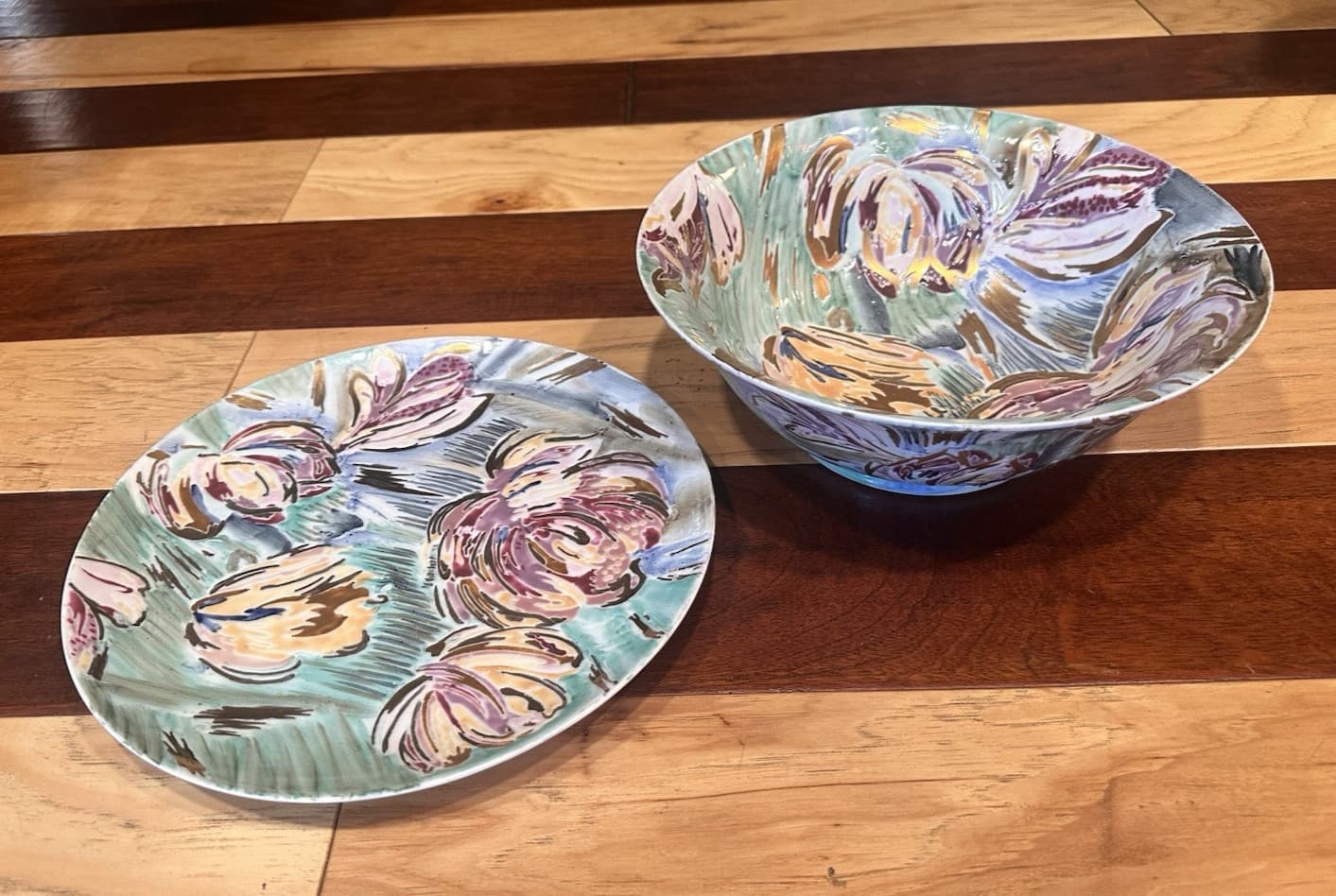 CHINA TRADER DECORATIVE IMPRESSIONISM FLORAL 10" BOWL & PLATE GOLD PINK BLUE SET