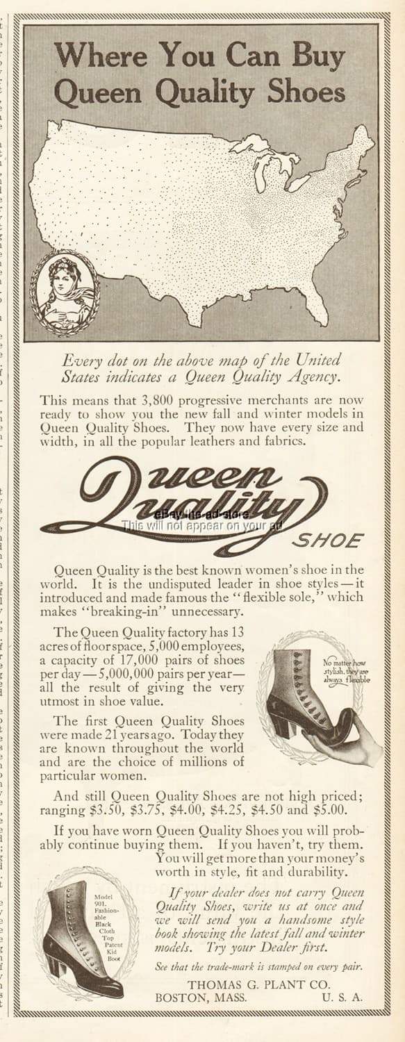 1912 Thomas G Plant Co Boston MA Queen Quality Button Ankle Shoe Boot Fashion Ad