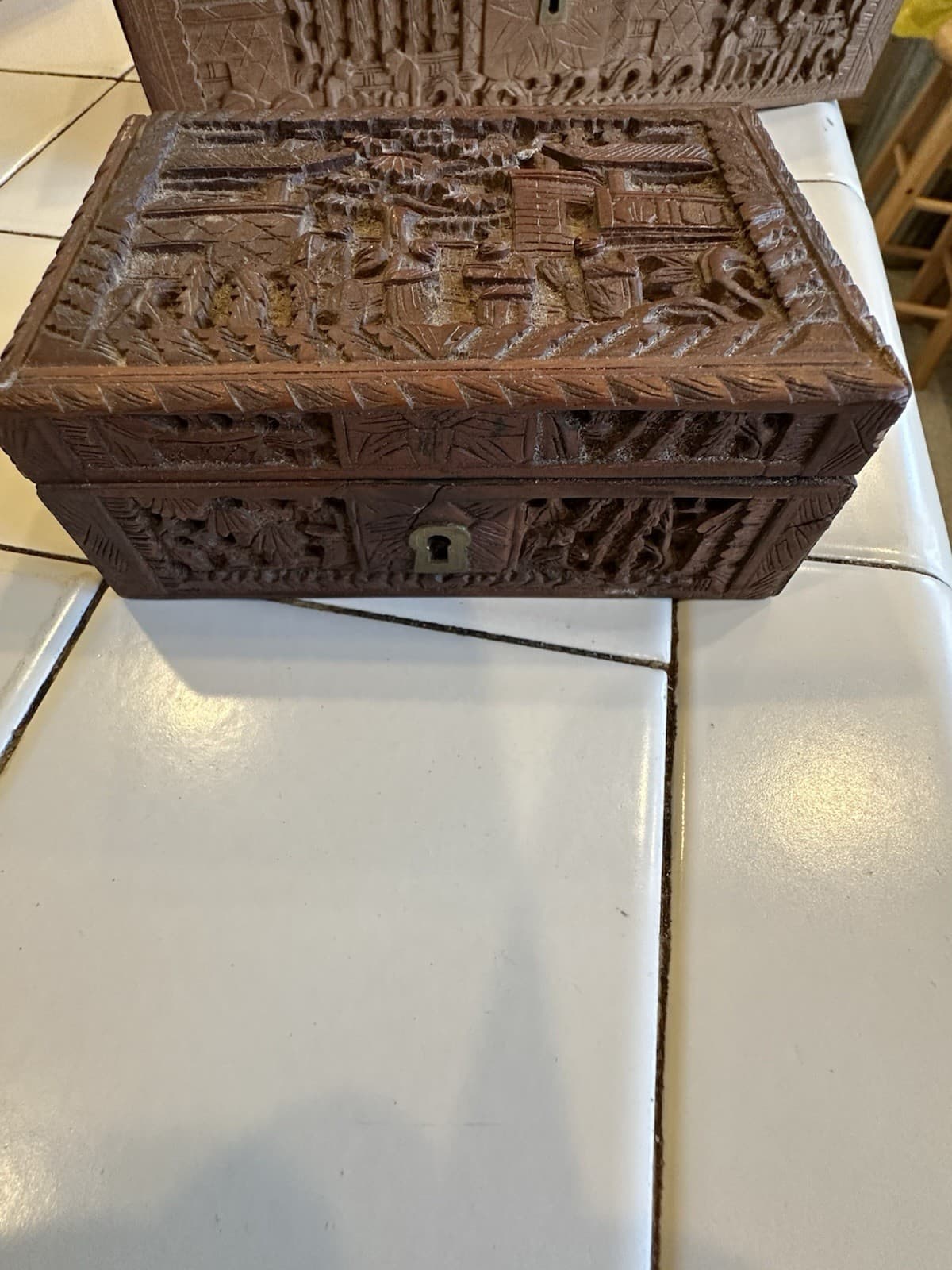Pair Chinese Carved Wood Boxes “Noble Men in Courtyard” & “Scholars in Garden” 3