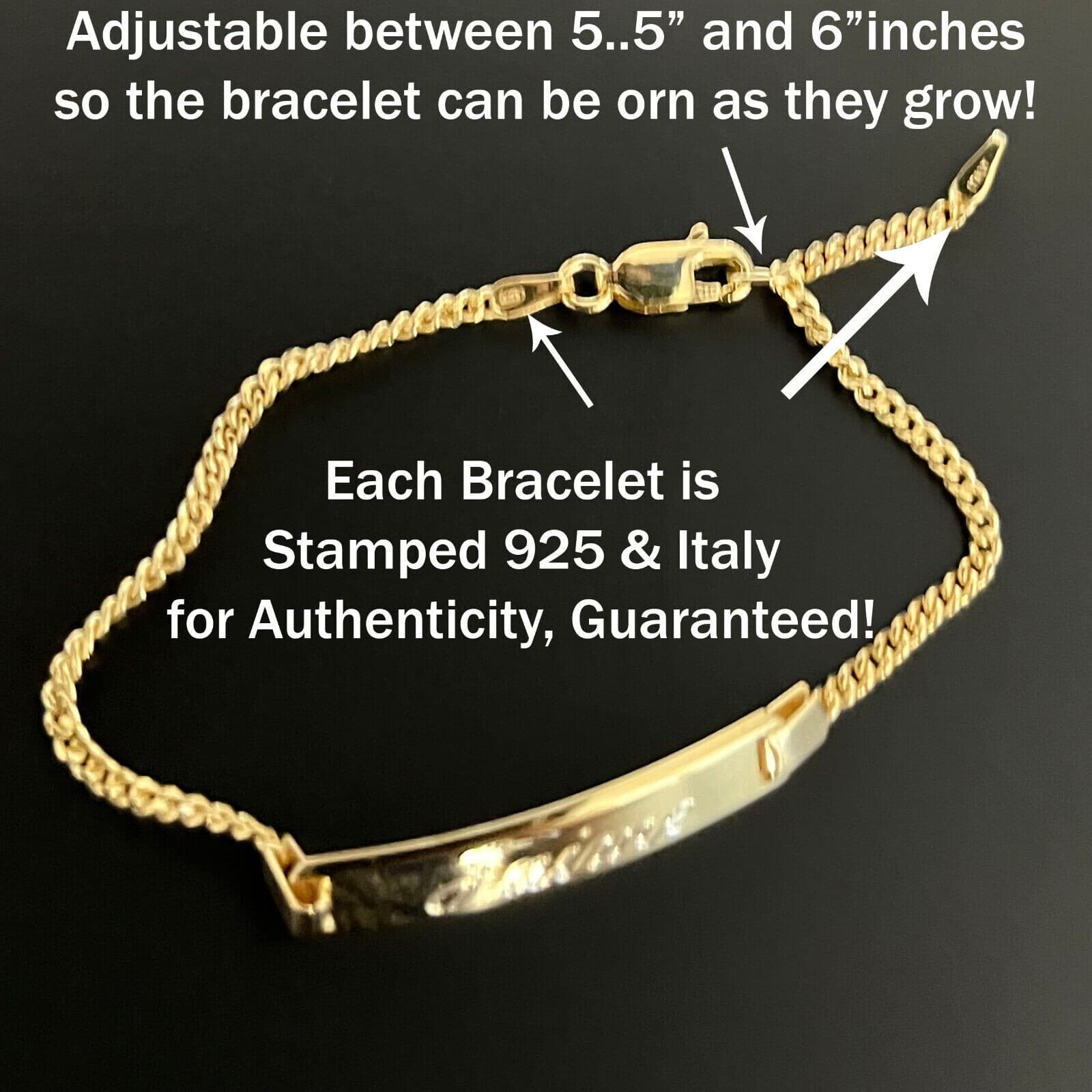 Gold Plated Solid 925 Sterling Silver Curb Cuban Link Childrens Baby ID Bracelet 4