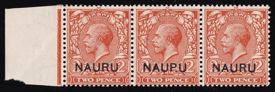 NAURU 1916 KGV 2d strip ERROR NAUP.U + VARIETY 