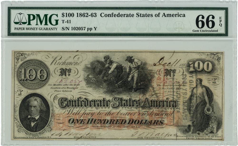 T-41 $100 1862-63 Confederate States Of America 66 EPQ PMG 950644-32
