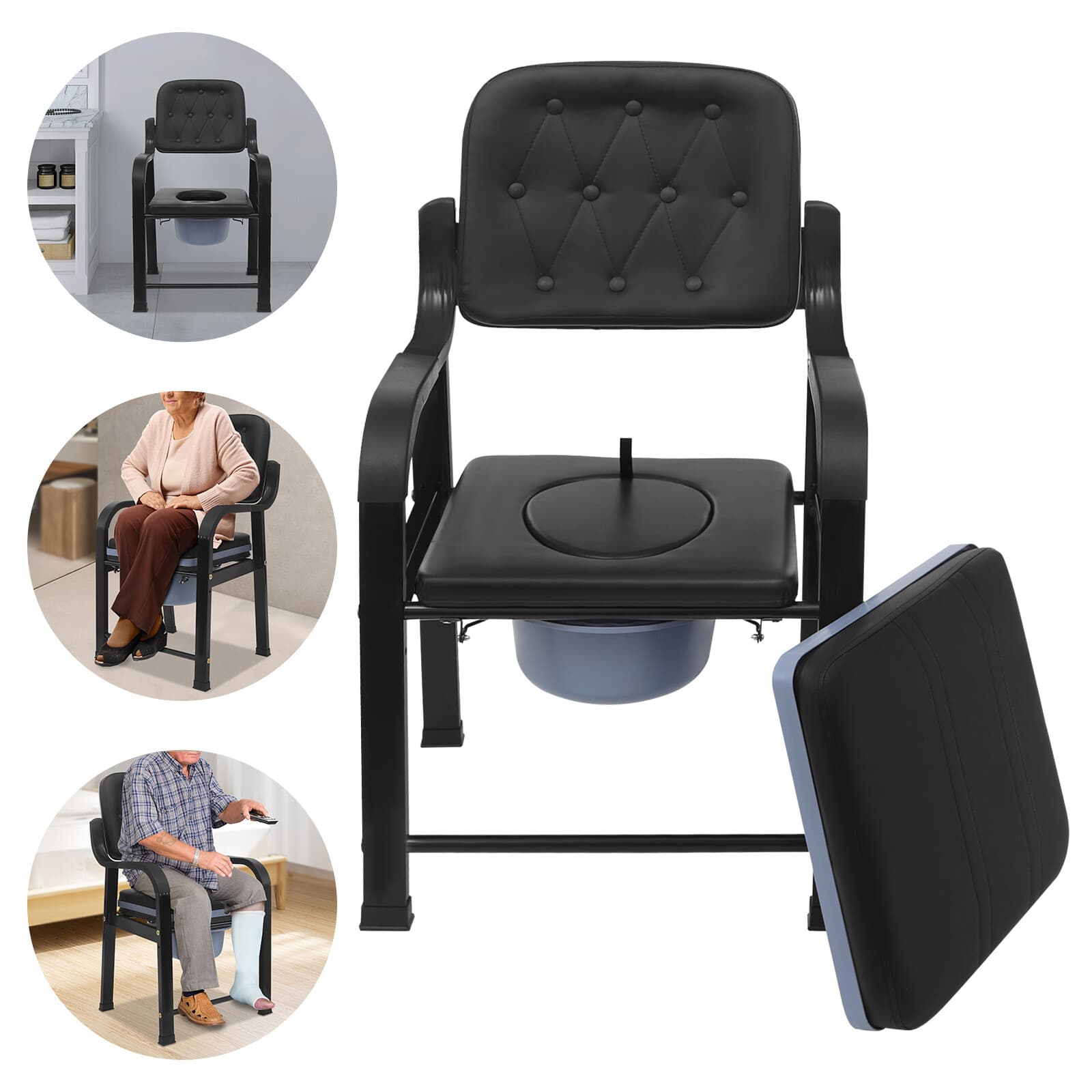Bedside Toilet Chair w/28cm Bucket - 550lbs Capacity Floorstanding for Elderly 2