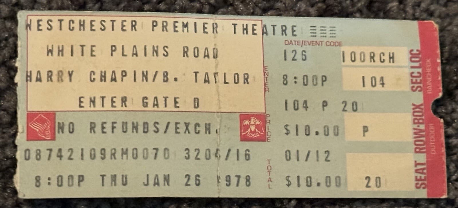 Very Rare Harry Chapin Unused Ticket 1978 Westbury Music Fair NY 1/26/78