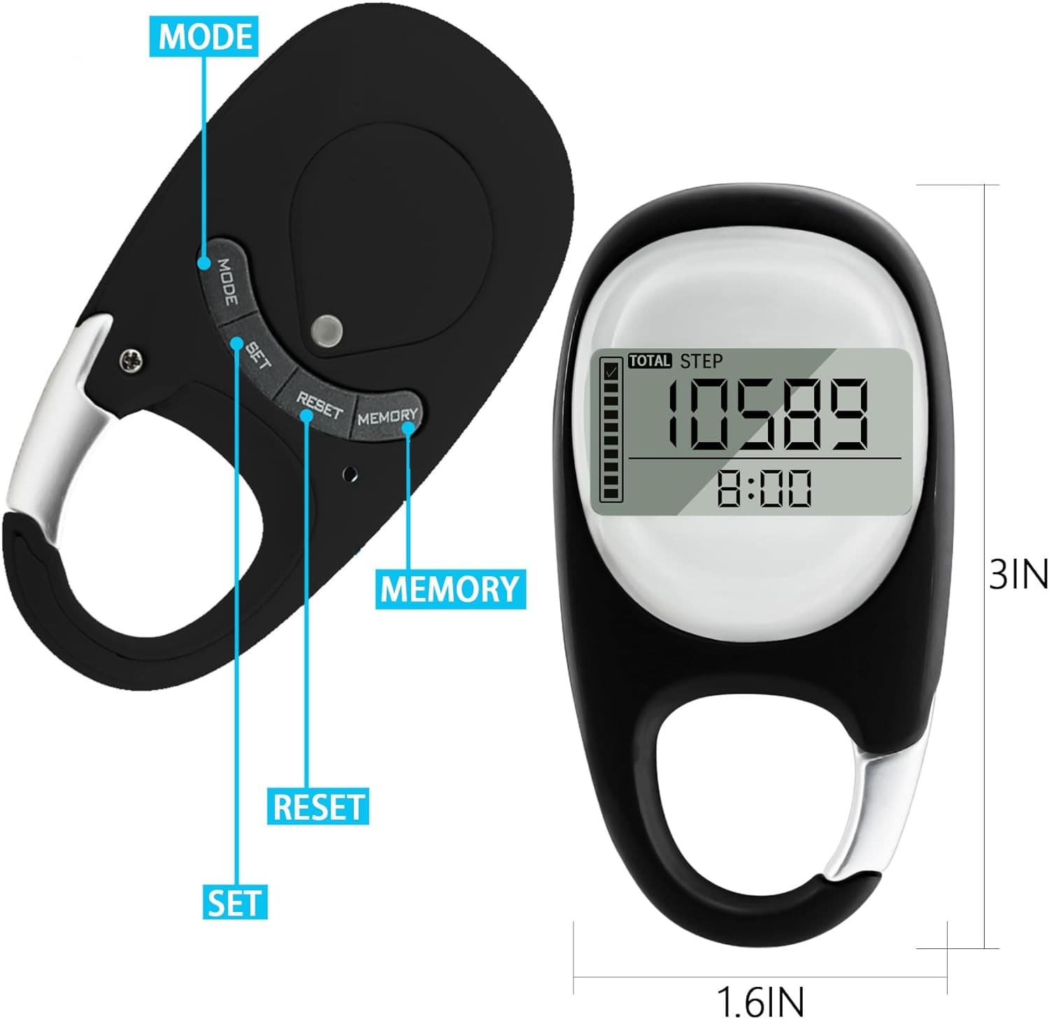 3D Pedometer with Carabiner, Accurate Step Tracker, Step Counter, Distance Track 5