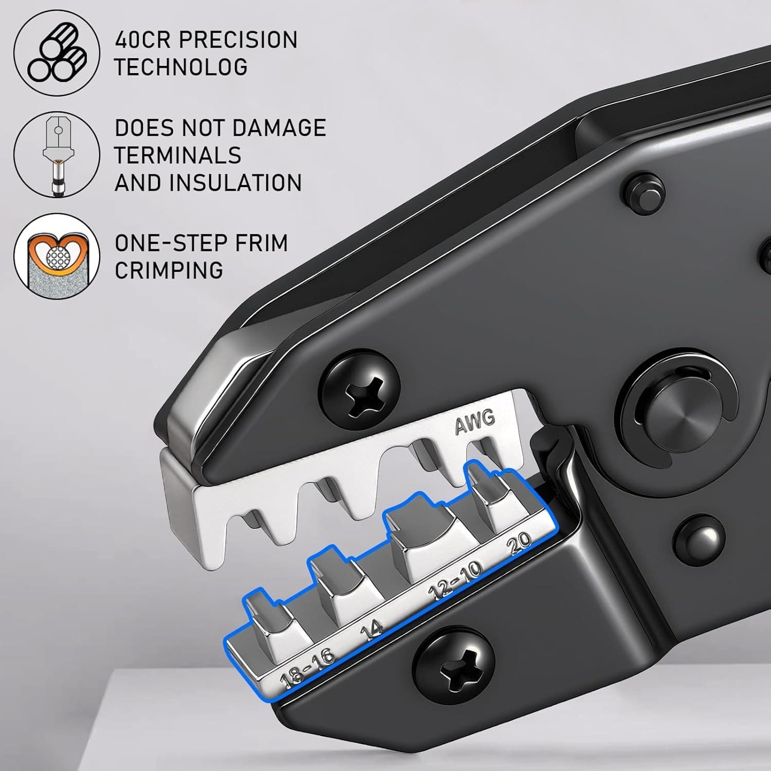 Ratchet Crimping Tool for Non-Insulated Open Barrel Terminals, AWG 20-10 4