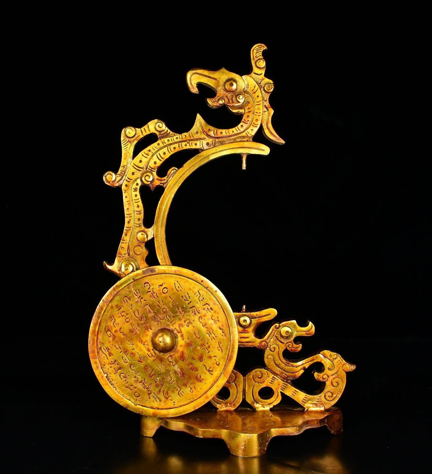 11.2" Ancient Warring States bronze Hand carving Gilt dragon Phoenix mirror 5