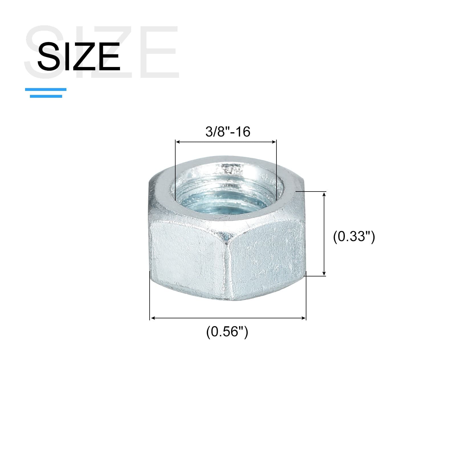 Hex Nuts (3/8"-16) 100Pcs Carbon Steel Coarse Thread Silver 2