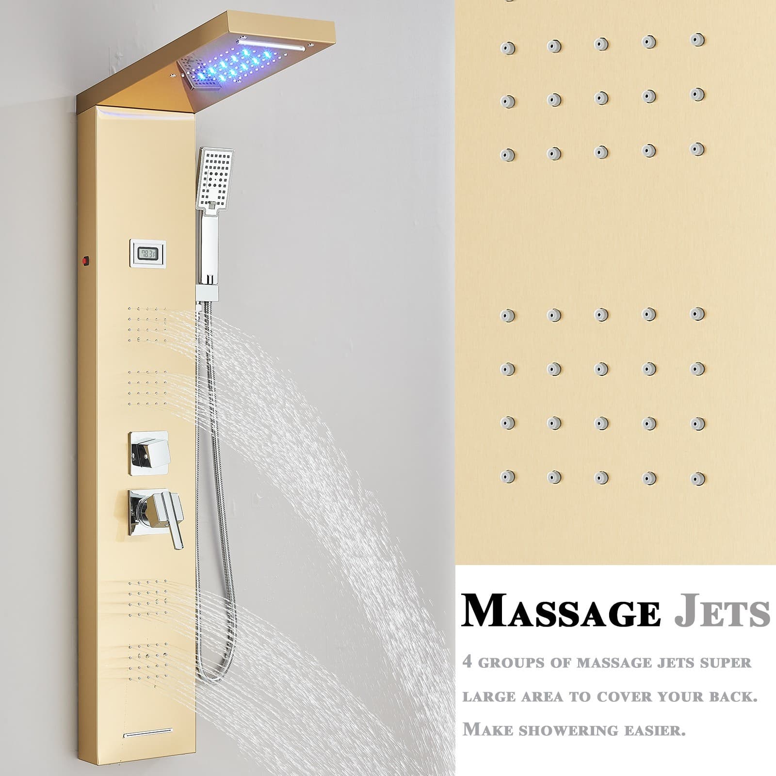 Stainless Steel Gold Shower Panel Tower System LED Rain Waterfall Massage Jets 5