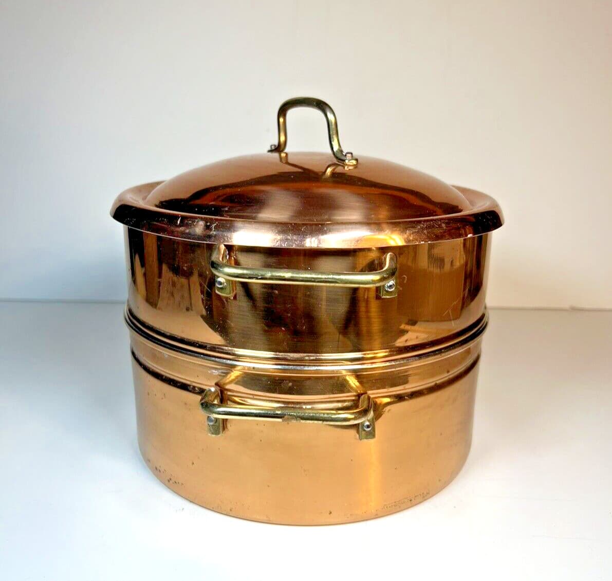Copper Clad Steamer Pot with Lid.  8.75" dia.  base is 3.5" basket is 3.25" tall 3