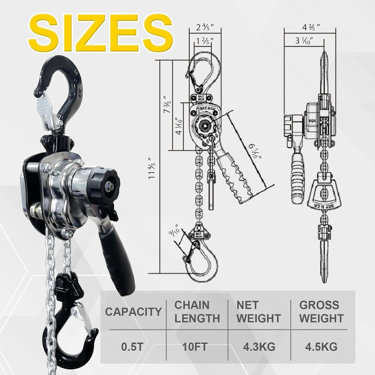 Mini Lever Chain Hoist Come Along 1/2 Ton 1100 Lbs Capacity 10FT Lift 5