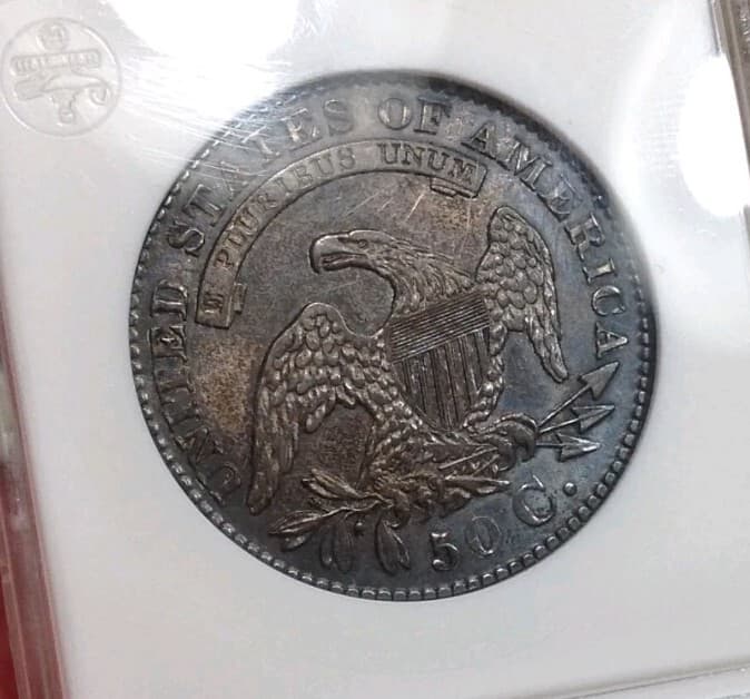 1829 50C Capped Bust Silver Half Dollar AU-50 Old ANA Holder Gun Metal Toning PQ 4