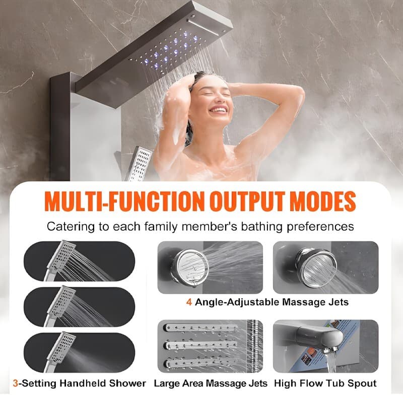 LED Rainfall 5in1 Shower Panel System W/Massage Jets&Hand Spray Stainless Steel 3