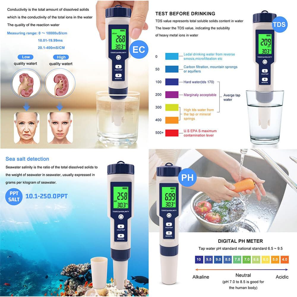 PH/TDS/EC/Salinity/Temperature 5 In 1 Digital Water Quality Meter Tester Tool US 3