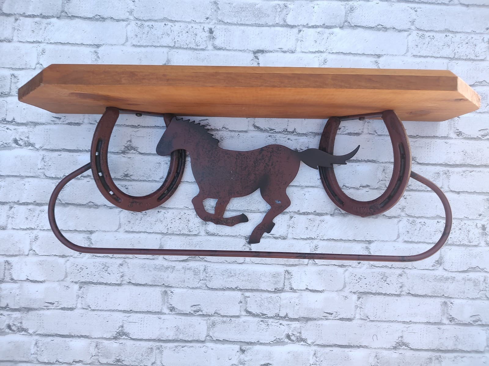 Retired Home Interior Western Horse Shelf and Towel Bar Wood Metal Horseshoe