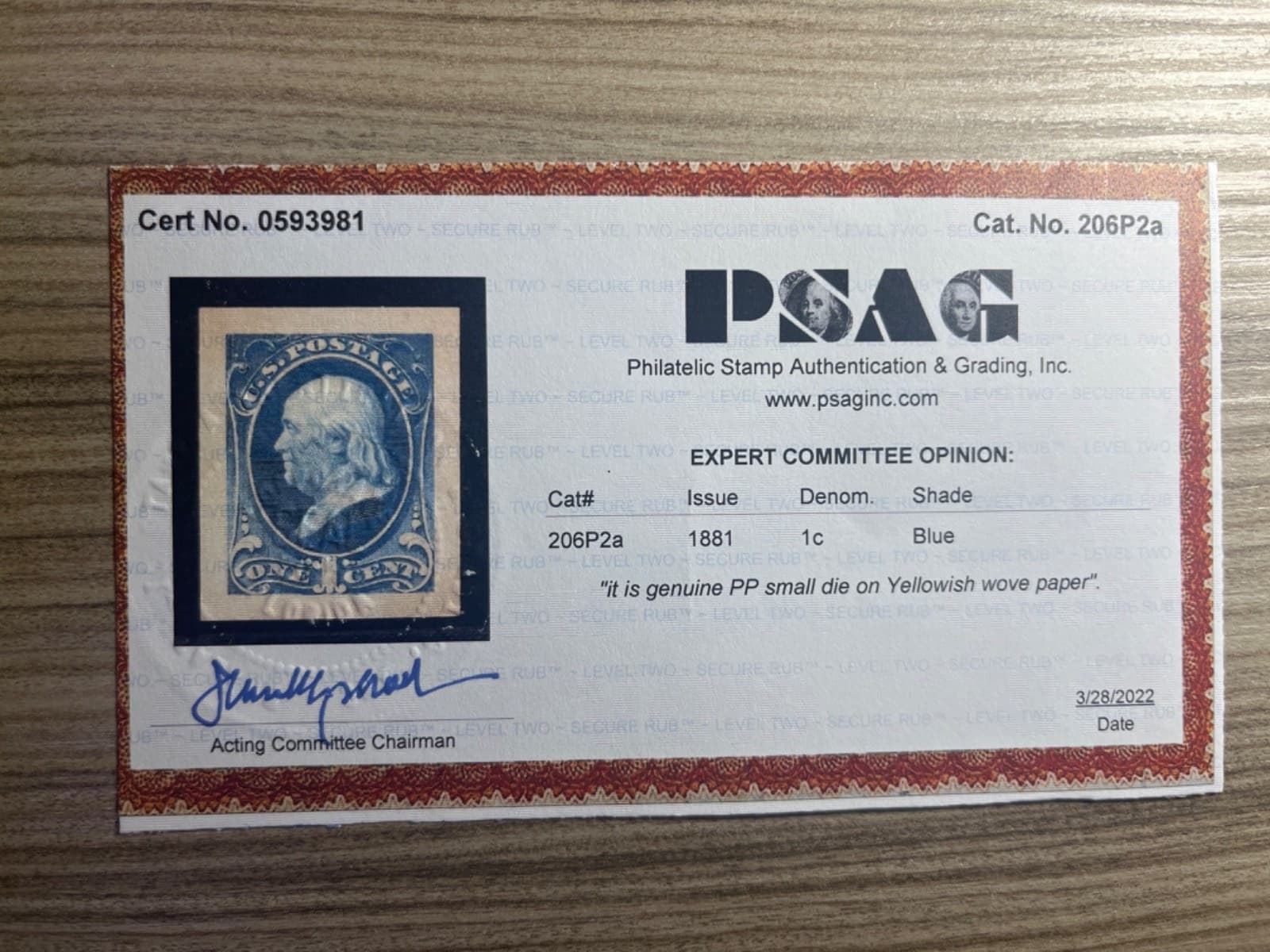 MOMEN: US #206P2a PANAMA PACIFIC SMALL DIE PROOF ON WOVE PSAG CERT LOT #94290-41 2