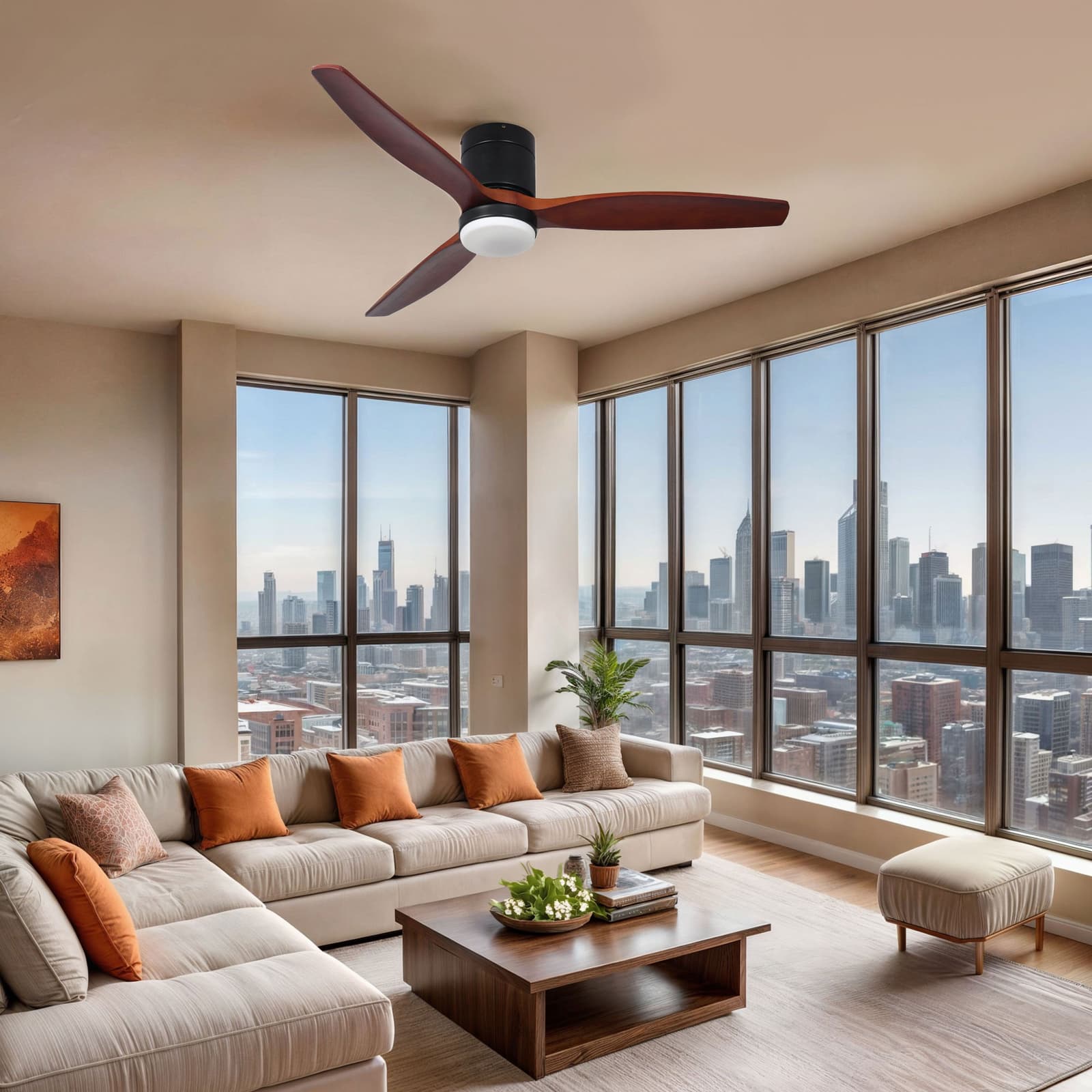 52" Industrial Ceiling Fan with Light Flush Mount Remote Control 3 Wooden Blades 2