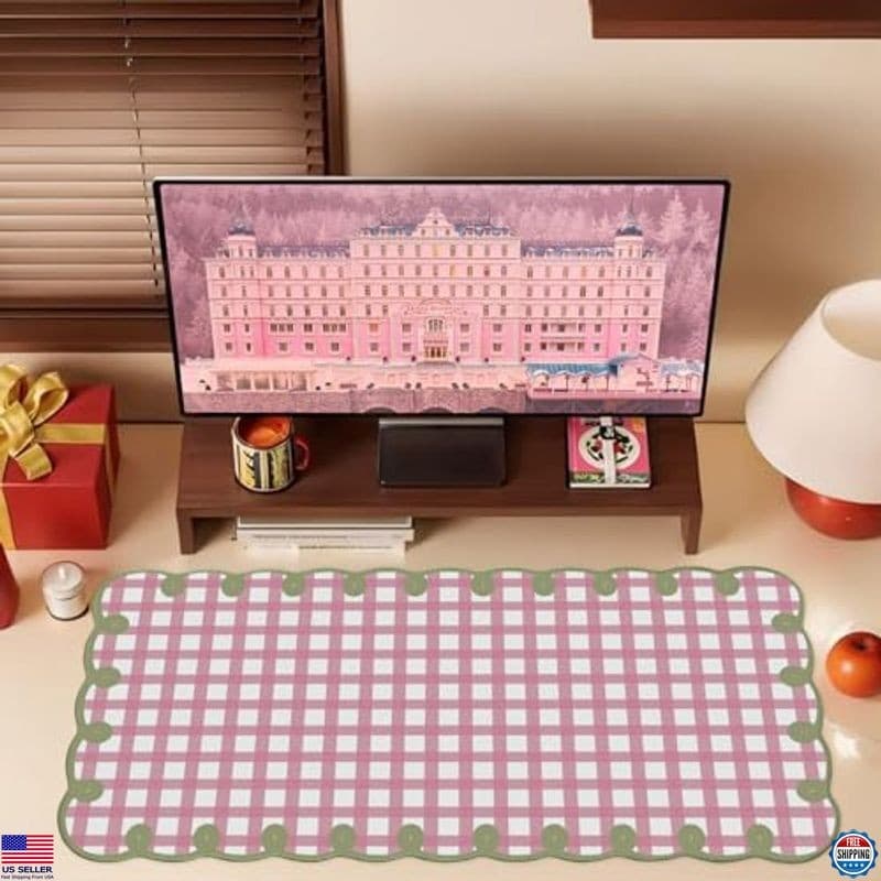 Pink & Green Scalloped Desk Mat - Large Checkered Mouse Pad, Kawaii Vintage 3