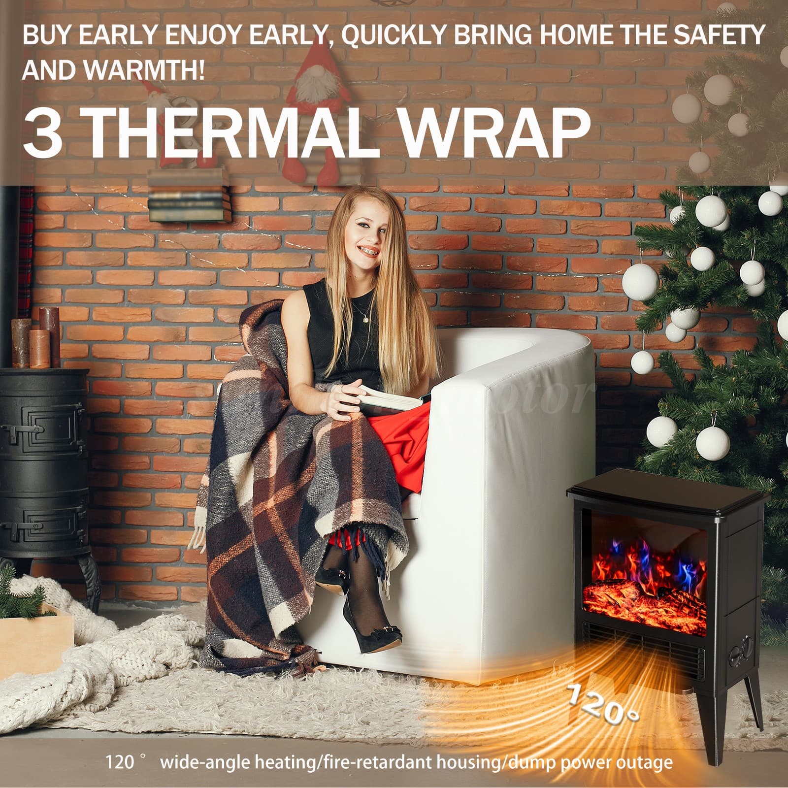 1500W Electric Fireplace Space Heater Simulated Fire Flame Brightness Adjustable 3