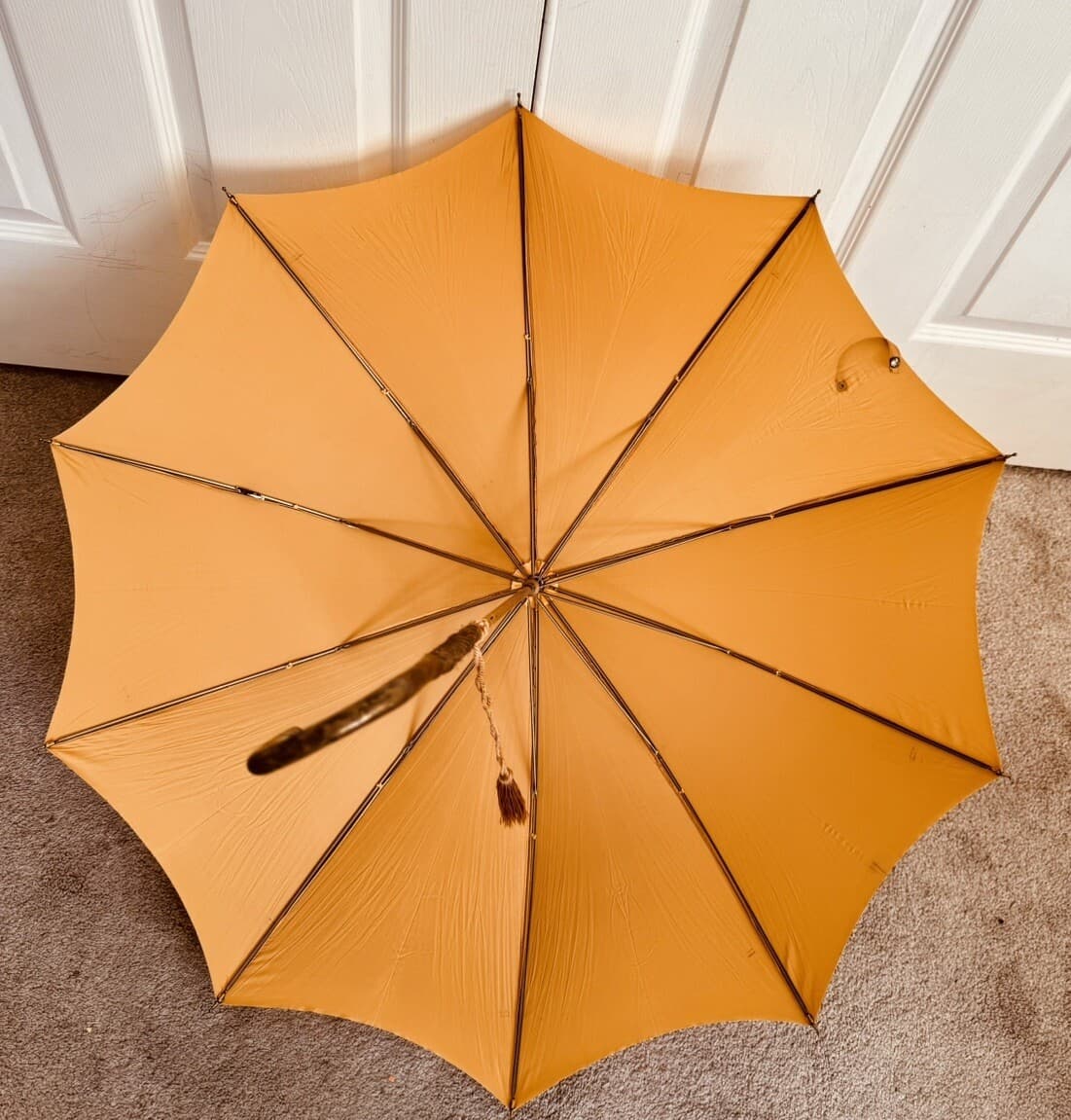 RARE ANTIQUE PK Polan Katz Nylon Umbrella Parasol Gold Brass Handle Tassel 3