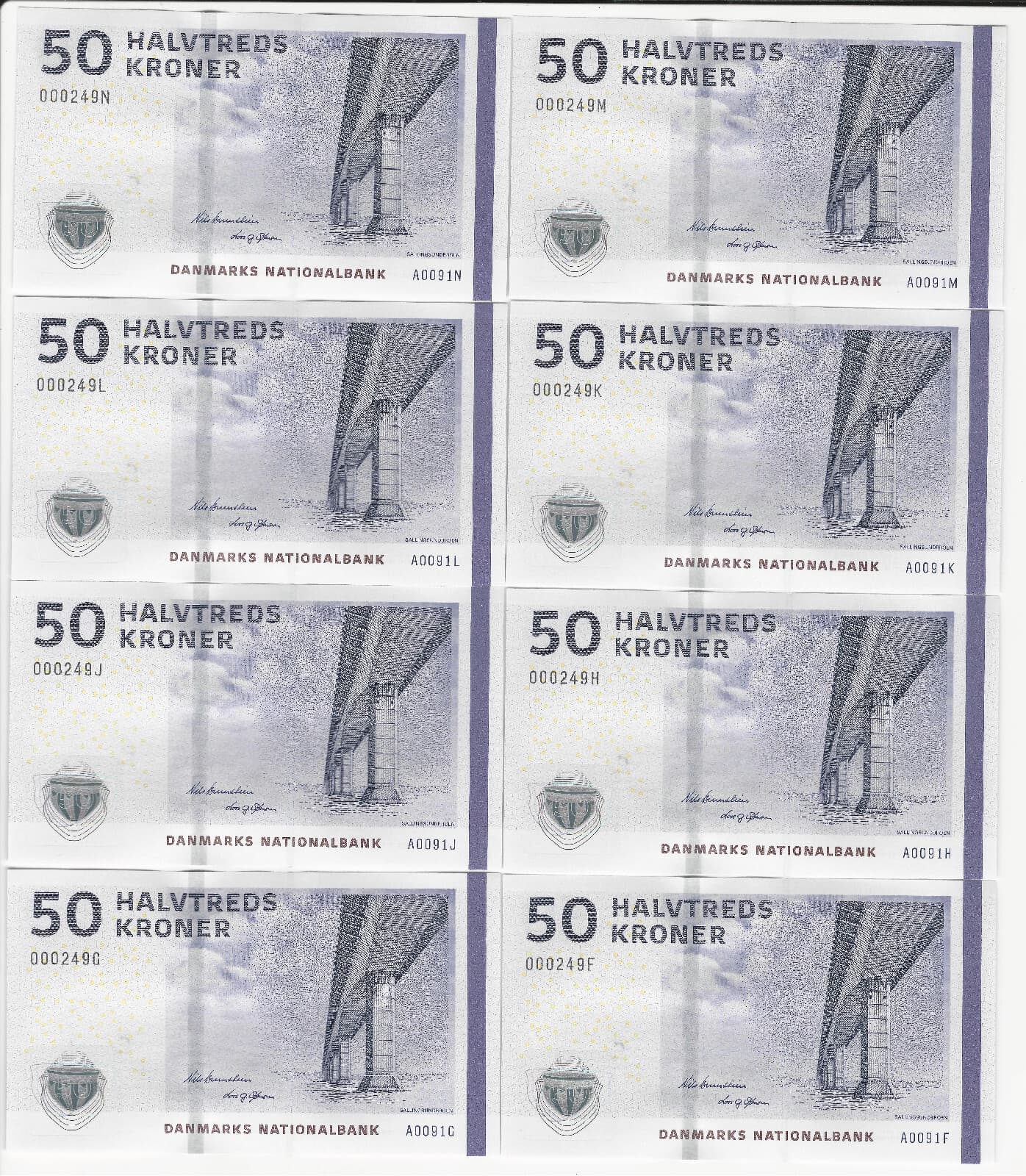 DENMARK 50-krone Banknotes from 2009 Gov't. Pack:  13 Low Consecutive Numbers