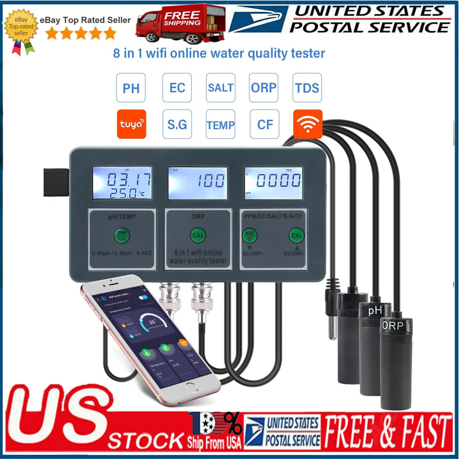 8 in1 WIFI Smart Monitor Fish Tank Pool Water Quality Meter PH ORP EC PPM Tester