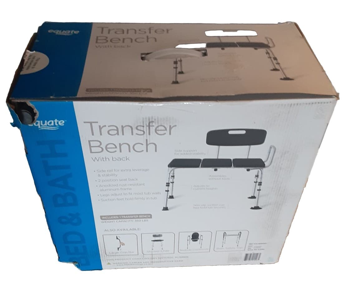Equate Transfer Bench W/Back Rest, Shower Bench, Black, 350lb, Adjustable NIB  6
