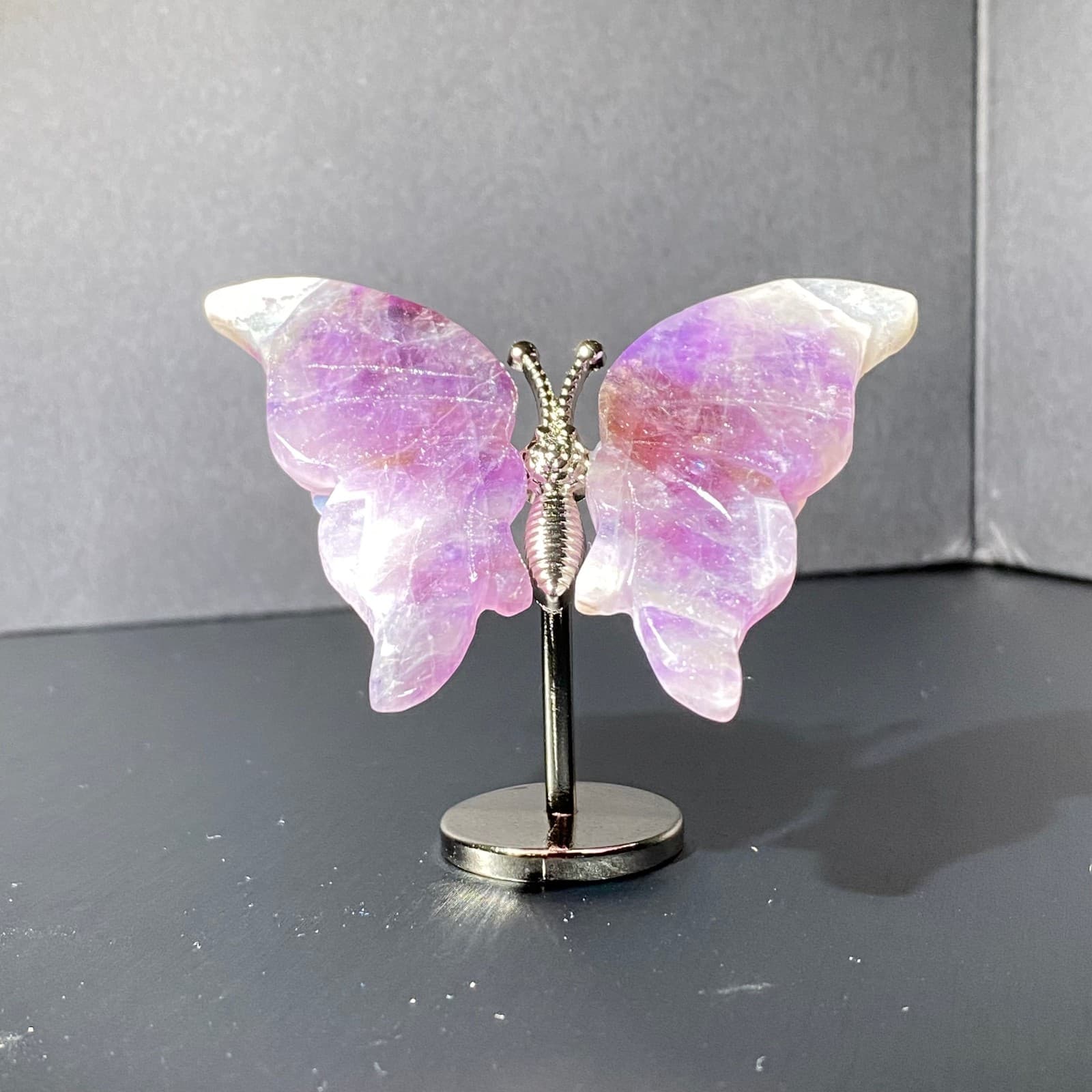 Natural Crystal Fluorite Butterfly Wings Healing Statue Decor + Stand 4