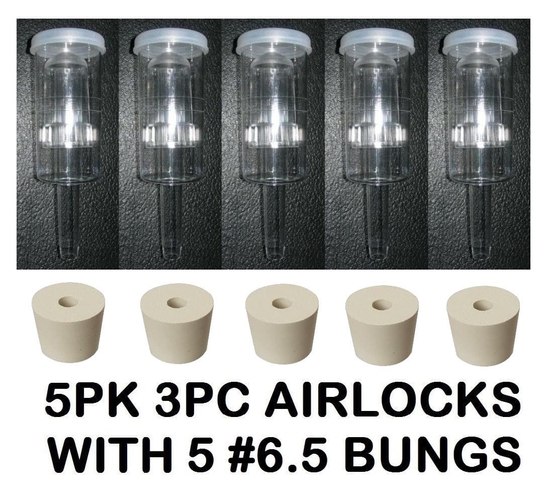 AIRLOCKS 5 3PC +6.5 RUBBER BUNGS TOP QUALITY FERMENTATION AIR LOCK FOR BEER WINE