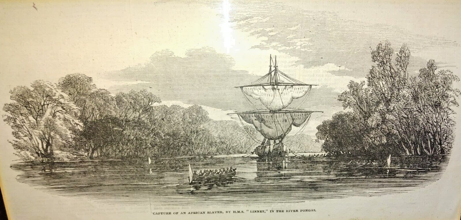 1853 Engraving ~ Capture of American Slaver By  HMS "LINNET" w/ Newspaper FRAMED 4