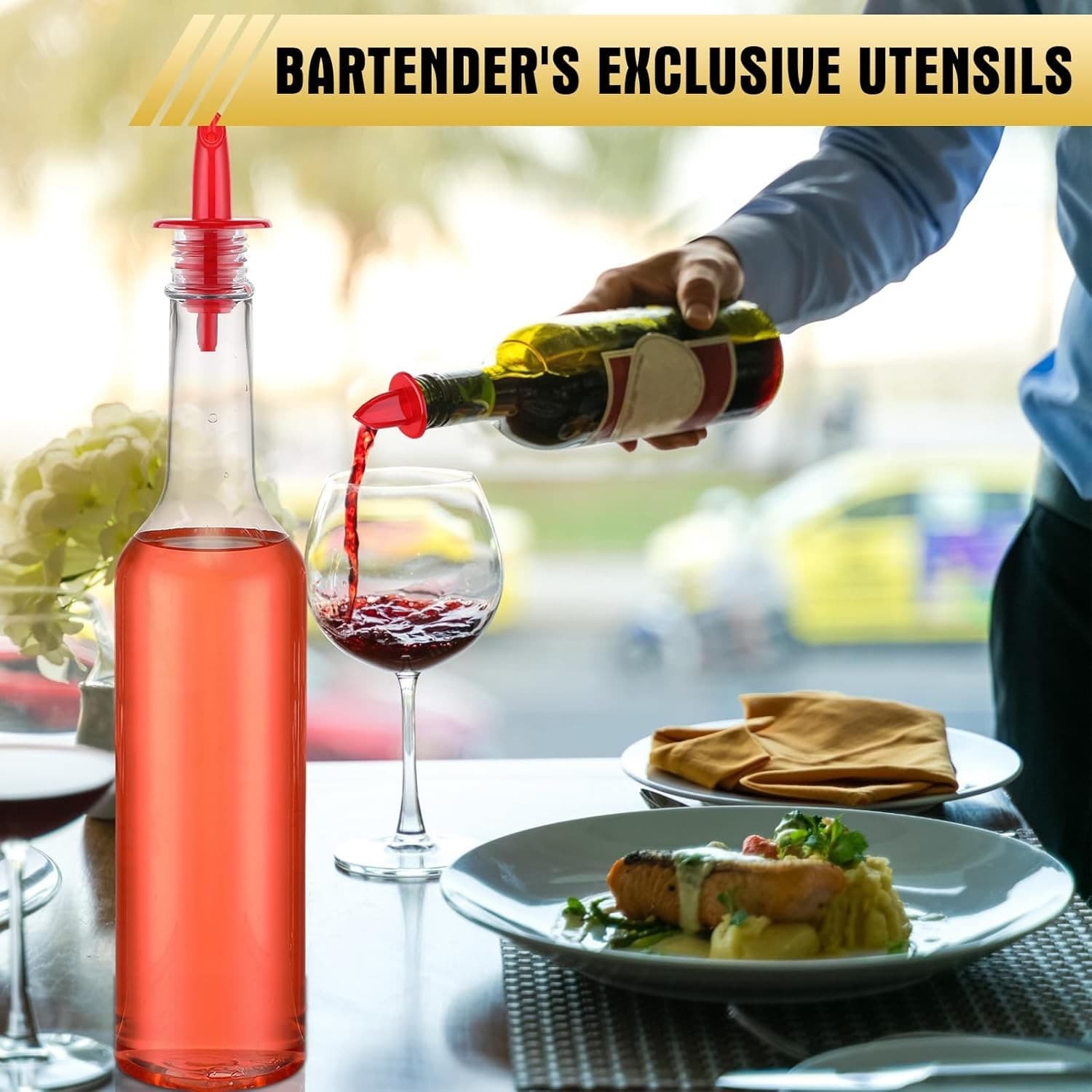 Tioncy 10 Sets 15oz Plastic Liquor Bottles with Pourers and Caps Red 3