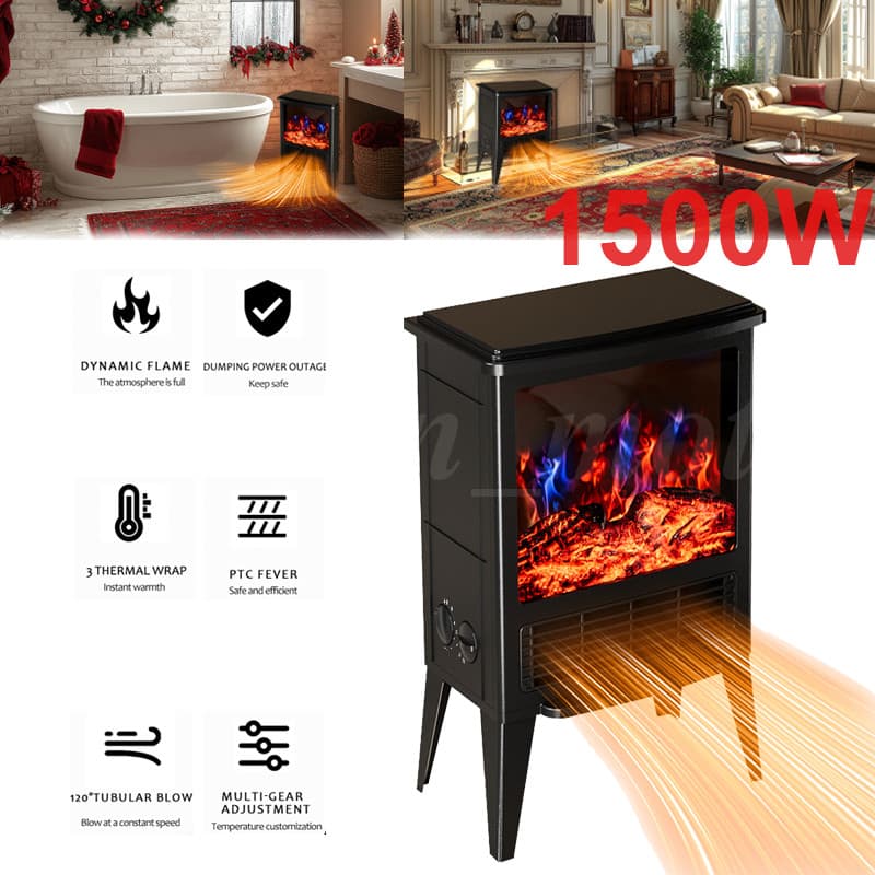 1500W Electric Fireplace Space Heater Simulated Fire Flame Brightness Adjustable