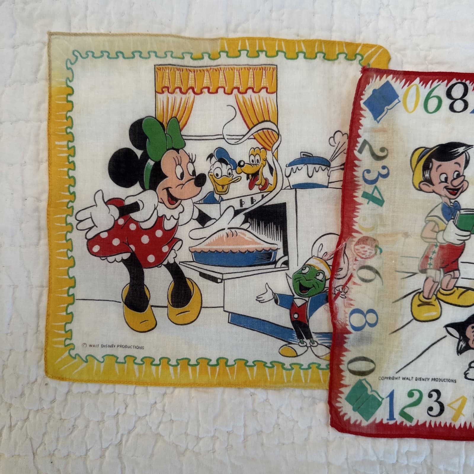 2 Vintage Child's Cotton Handkerchiefs Hankies Walt Disney Minnie Mouse Friends  3
