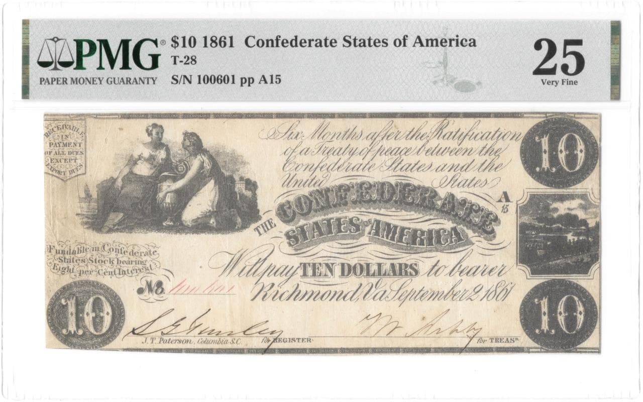 T-28 PF-7 1861 $10 Confederate Civil War Note PMG Very Fine 25 Bright Good Color 5