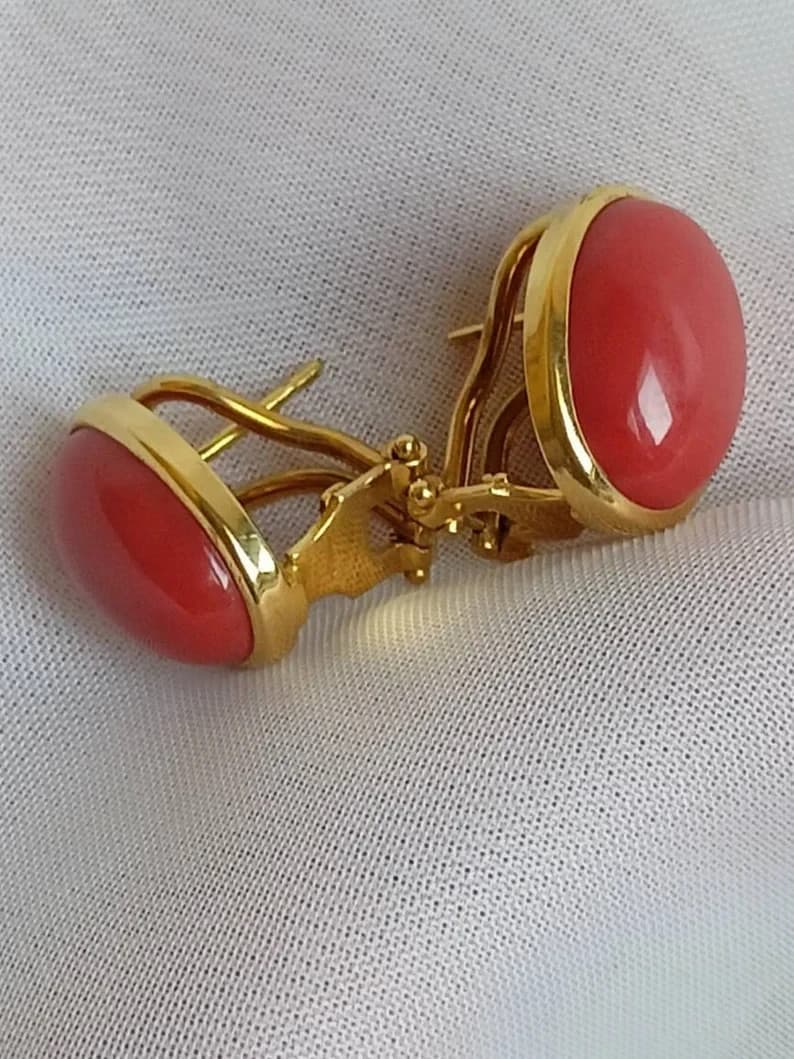 Estate Sardinia Red Coral 18K Yellow Gold Over Clip-On Studs Earrings Good Luck 6