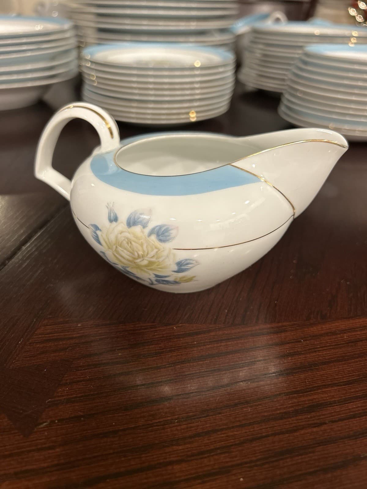 Vintage Narumi China Japan Yellow RoseN258Dinnerware Set-67Pieces BlueTrimGoldEd 2